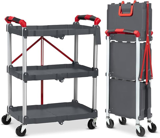 Folding Service Cart Collapsible 3 Tier Cart Portable Utility Service Cart with Wheels Aluminum Lightweight Push Cart for Office Warehouse, Home, Bar