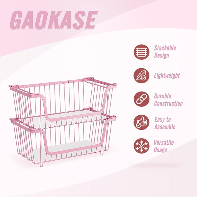 4 Pcs Stackable Wire Baskets for Pantry Organizers and Storage,Vegetable Fruit Basket for Countertop,Kitchen Storage Metal Baskets,Produce Potato Onion Storage Bin,pink