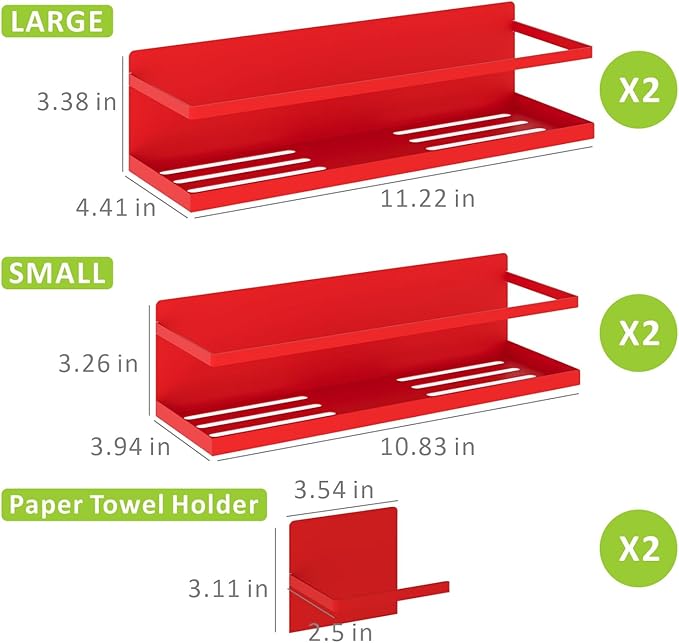 Royali Spice Rack for Refrigerator - Magnetic Fridge Shelf, Kitchen Spice Organizer, Space Saving, Red, 4 Pack With Magnetic Paper Towel Holder