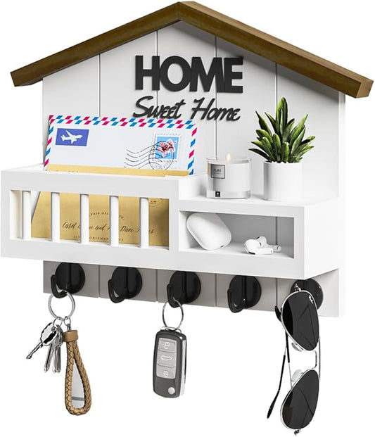 Key and Mail Holder for Wall, Wall Key Holder with Shelf, Home Key Holder for Wall, Wood Key Holder Wall Mount, Mail Organizer Wall Mounted, Entryway & Front Door Key Holder with 5 Hooks(White)