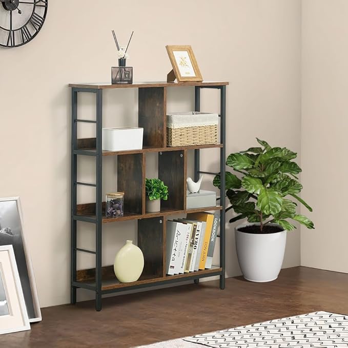 CAPHAUS 7 Cube Storage Organizer, 32” Wide 3 Tier Rustic Oak Industrial Open Shelf Bookcase, Display Shelf, Horizontal Bookshelf with Metal Frame, Wooden Board, for Living Room, Bedroom, Office-NeatNest