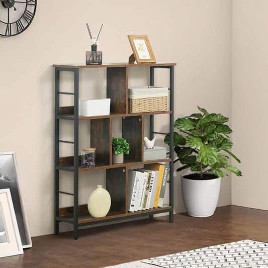 CAPHAUS 7 Cube Storage Organizer, 32” Wide 3 Tier Rustic Oak Industrial Open Shelf Bookcase, Display Shelf, Horizontal Bookshelf with Metal Frame, Wooden Board, for Living Room, Bedroom, Office-NeatNest