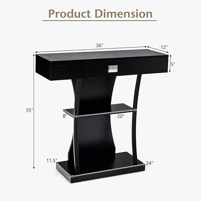 Giantex Narrow Console Table T-Shaped - Behind Couch Table with Drawer, Shelves, Dual Anti-Tipping Kits, Modern Foyer Table, Sofa Side Table for Living Room, Entryway, Hallway, Entry Table (Black)-NeatNest