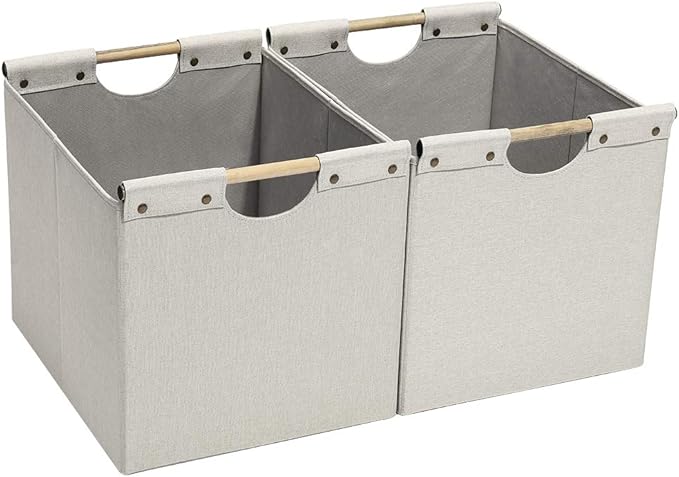 HOONEX Large Foldable Storage Bins, Linen Fabric, 2 Pack, with Wooden Carry Handles and Sturdy Heavy Cardboard, for Home, Office, Car, Nursery, Beige
