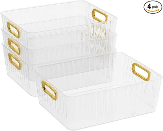 4-Pack Clear Fridge Storage Bins, Plastic Kitchen Pantry Storage Bins, 11.3" × 8.5" × 4.3"