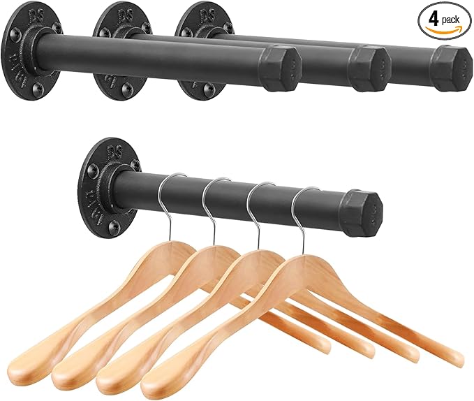 Cast Iron Wall Mounted Clothes Rack, Heavy Duty Industrial Pipe Clothing Rack for Hanging Clothes, Garment Racks for Wardrobe Organizers and Storage, DIY Closet Rods Closet Bar (Black 4 Pack, 8 in)-NeatNest