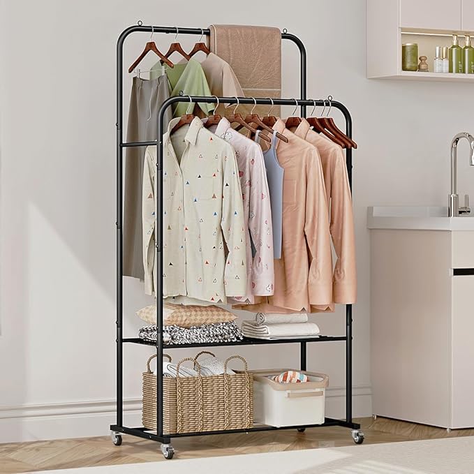 Clothes Rack with Wheels Garment Rack for Hanging Heavy-Duty Clothing Rack Metal Rolling Clothes Shelves for Bedroom, Closet (Black)-NeatNest