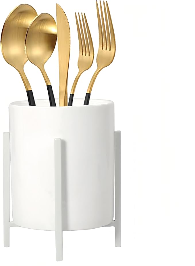 Ceramic Flatware Caddy, Silverware Caddy Cutlery Holder, Round Utensil Crock, Kitchen Utensil Holder for Countertop, Solid White Cup and White Metal Bracket, 1 Pcs-NeatNest