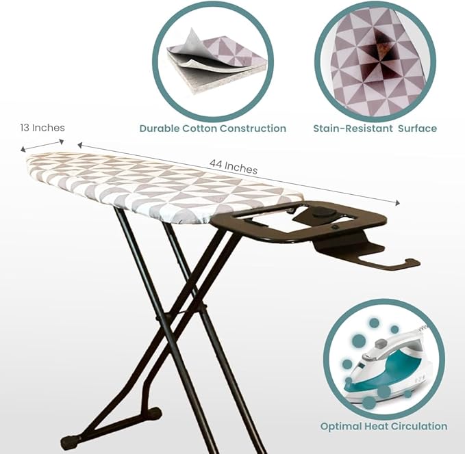 Ironing Board with Hanger, Adjustable Height & Safety Stand for Small Spaces