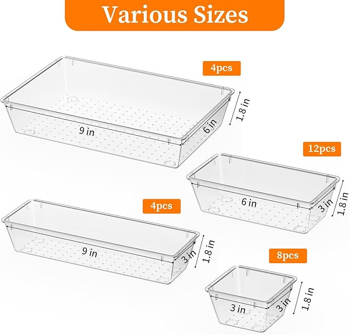 32 PCS Clear Plastic Drawer Organizer Set, 4-Size vanity organizer Trays and Storage Bins for Makeup, Jewelry and Gadgets in Bedroom, Bathroom and Office, Clear-NeatNest