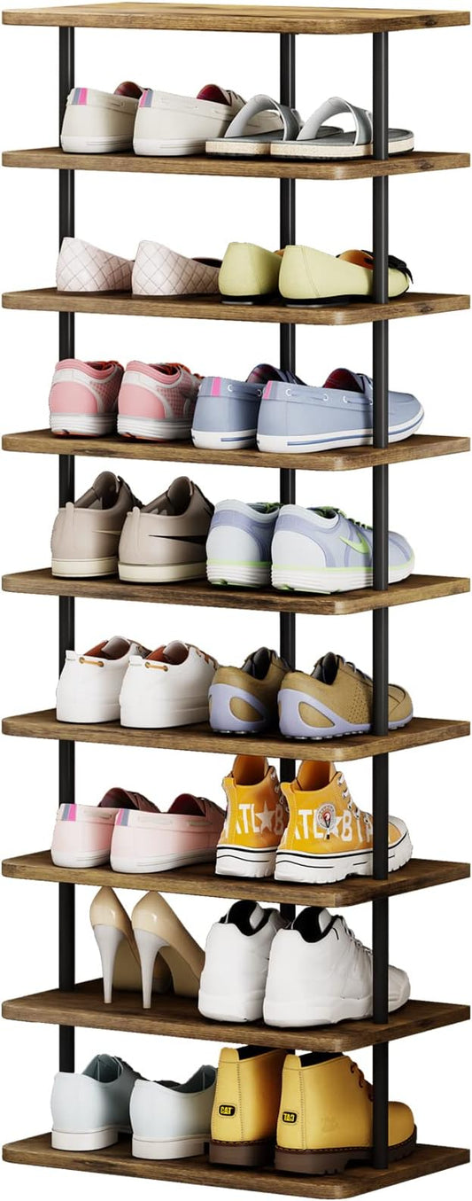 AZERPIAN Shoe Rack 9 Tier Vertical Storage Organizer Double Row Narrow Metal Slim Shelf Modern Free Standing Shoe Tower Saving Space for Closet Entryway Bedroom,Black+Rustic Brown-NeatNest