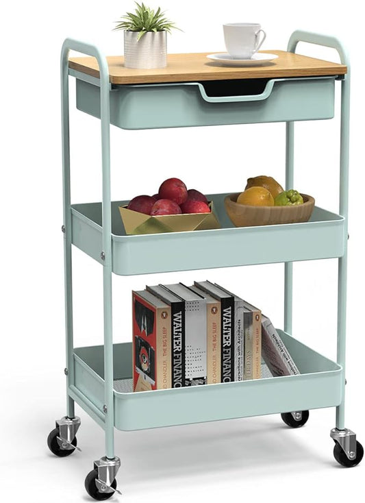 3 Tier Rolling Cart, Utility Cart with Drawer and Table Top, Metal Rolling Kitchen Storage Organizer Cart with Handle and Locking Wheels for Bathroom Office Balcony Living Room-NeatNest