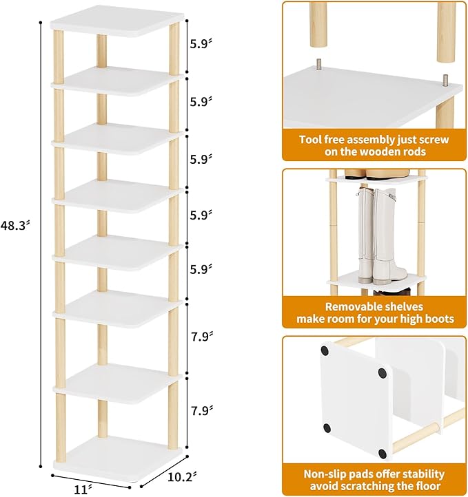 LUCKNOCK Vertical Shoe Rack, 8-Tier Tall Narrow Shoe Organizer for Entryway, Closet, Dorm & Small Spaces, Freestanding White Wooden Shoe Shelf Tower for Boots, Sneakers, Heels.-NeatNest