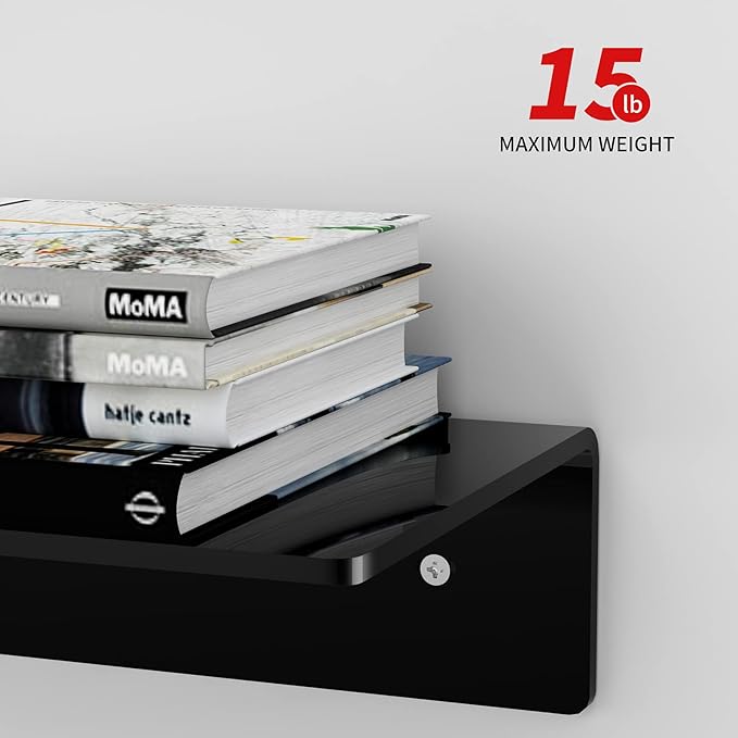 12 Inches Small Black Wall Shelves Set of 2, Acrylic Floating Shelf for Wall, Wall Mounted Display Shelf for Bedroom, Living Room, Funko Pop Shelves, Smart Speaker, 2 Pack-NeatNest