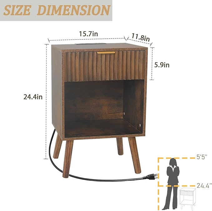 Mid Century Modern Nightstand with Charging Station, Modern Bedside Table with Fluted Drawer and Storage Shelf, End Side Tables Living Room for Bedroom, Office (Rustic Brwon)