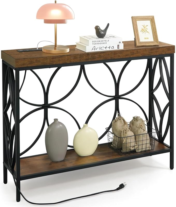CAPHAUS 41” 2-Tier Industrial Sofa Console Thick Table w/Storage & Charging Station, Entrance Tableau w/ 2 Outlets, USB & Type-C Ports for Entryway, Living Room, Hallway, Foyer, Rustic, Butterfly-NeatNest