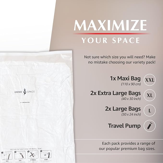 GENIE SPACE Vacuum Storage Bags - Variety Pack of 5 | 1 Max + 2 Extra Large + 2 Large | Premium Strong, Airtight & Reusable Space Saving Vacuum Bags for Clothes & Bedding | Includes Travel Pump-NeatNest