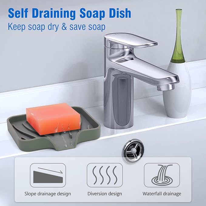3-Pack Silicone Soap Dish, Sponge Holder for Sink, Kitchen Soap Tray, Bathroom Soap Holder, Sponge Tray with Drain (Grey)-NeatNest
