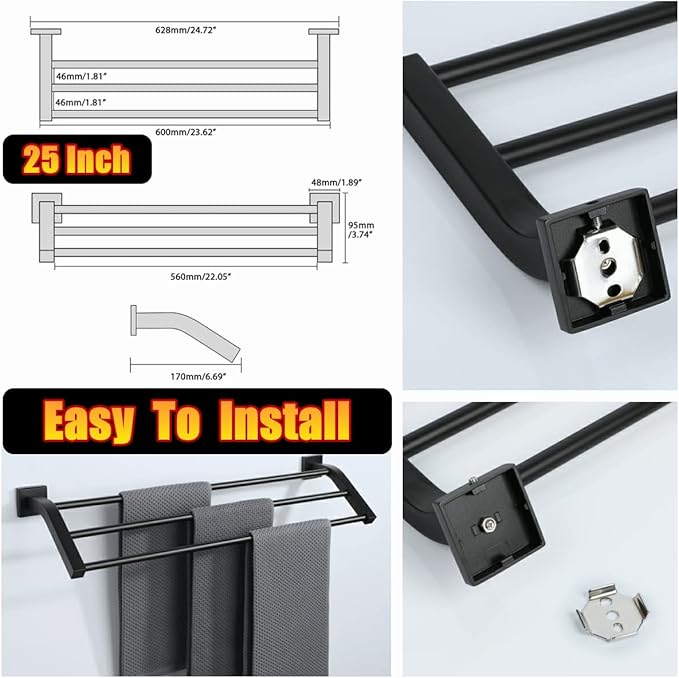 Alise Bath 3 Towel Bars,Towel Holder Towel Racks for Bathroom Wall Mount,Heavy Duty SUS304 Stainless Steel Towel Hanger Towel Rails,GK9603-B Matte Black,24-Inch