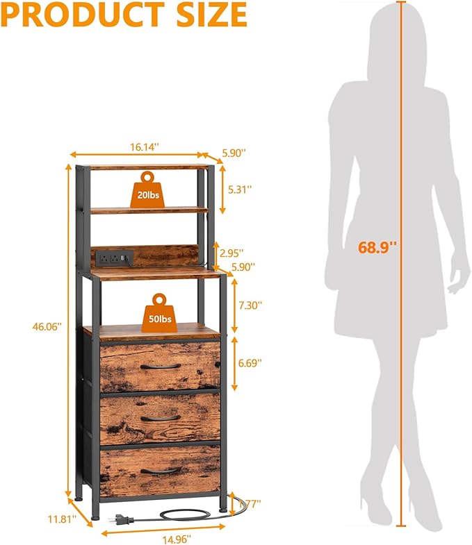 Furnulem Night Stand, Tall Nightstand with 4-Tier Shelves and 3 Fabric Drawers, LED Bed Side Tables with Charging Station, Bedside Table for Bedroom, Hallway, Office, Rustic Brown