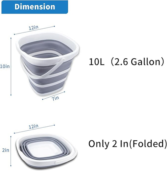Collapsible Bucket 10L 2.6 Gallon Cleaning Bucket Mop Bucket Folding Foldable Portable Small Plastic Water Supplies for Outdoor Garden Camping Fishing Car Wash Space Saving Grey Square-NeatNest