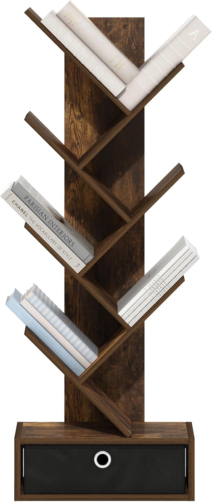 Furinno Tree Bookshelf 7-Tier Floor Standing Tree Bookcase with Bin Drawer, Amber Pine/Black