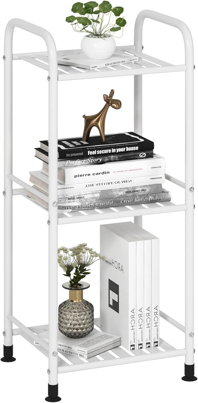JSB 3 Tier Narrow Bathroom Shelving Unit, Kitchen Storage Rack Organizer Metal Corner Shelf for Living Room Laundry Pantry (Matte White, 3 Tier)-NeatNest