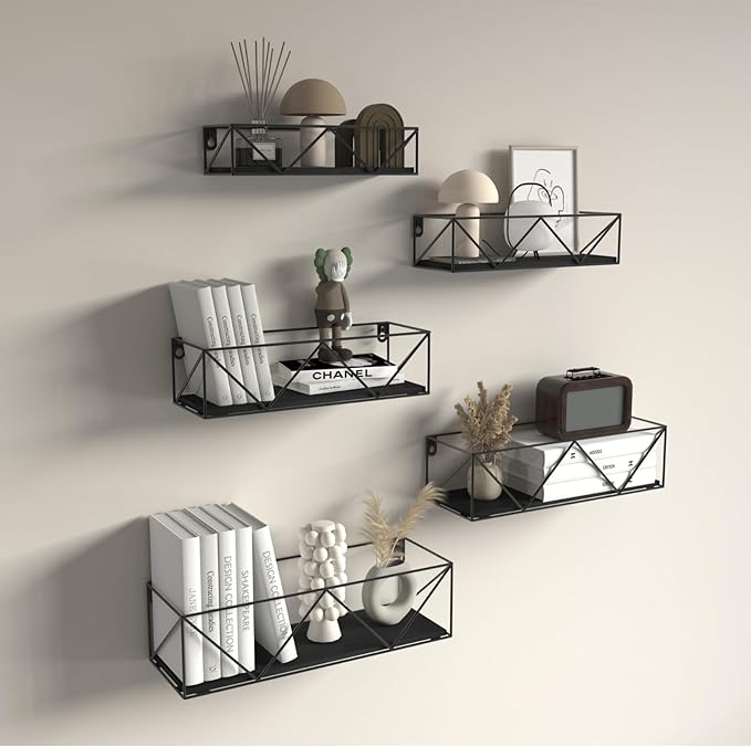 CRUGLA Black Floating Shelves Wall Mounted Set of 5, Hanging Storage Wall Shelf for Bathroom, Bedroom, Living Room, Kitchen-NeatNest