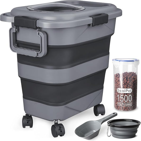 Dog Food Storage Container，10-25 lbs Airtight Collapsible Cat Food Storage Container with Attachable Wheels, Portable Handle, Dog Food Scoop for Dog Cat Bird Pet Dry Food Storage Bin-NeatNest
