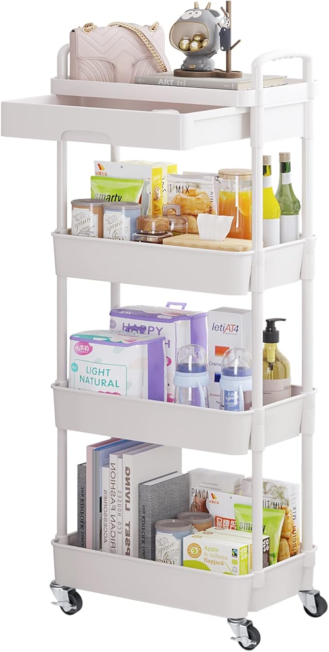 Calmootey 4-Tier Rolling Utility Cart with Drawer,Multifunctional Storage Organizer with Plastic Shelf & Metal Wheel,Storage Cart for Kitchen,Bathroom,Living Room,Office,White-NeatNest