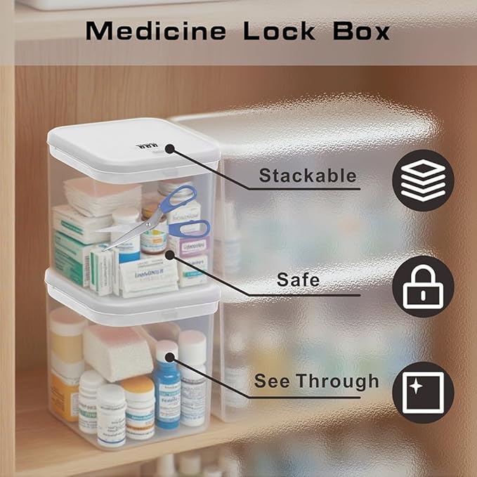 Clear Lockable Storage Box for Medicine Safe,Food Jar,Snacks,Phone - Secure Lock Box Refrigeator Container Bin Store Tank with Combination for Kitchen,Home,Office,Hospital (5.6×5.6×6.3 In) (White)-NeatNest