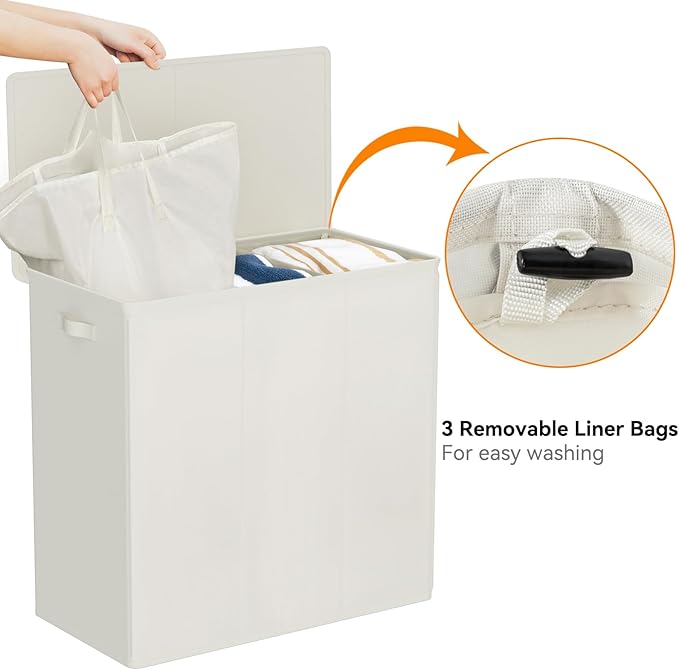 WOWLIVE 180L Laundry Hamper with Lid 3 Section,Large Laundry Basket with Removable Bags and Handles,Collapsible Dirty Clothes Hampers for Laundry,Laundry Basket Organizer for Laundry Room,Dorm,Beige-NeatNest