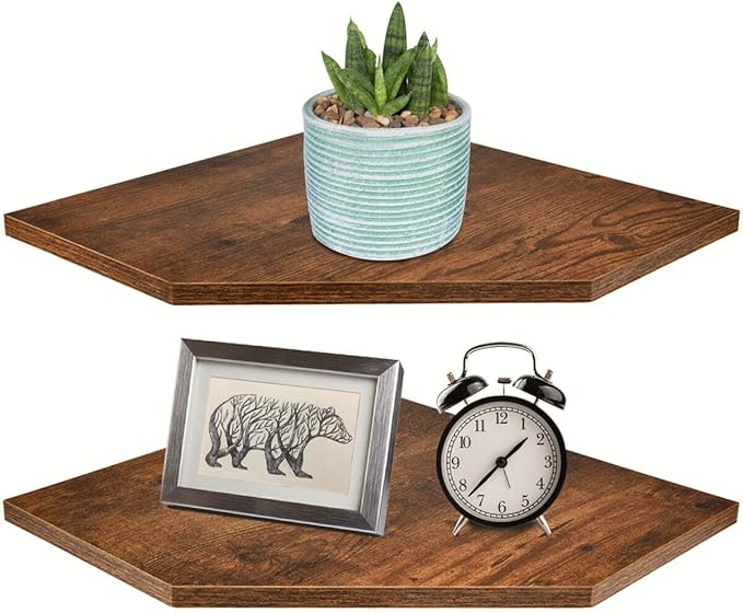 Homode Corner Shelf Wall Mount, Set of 2 Floating Corner Shelf Organizer for TV Accessories, Speaker, Cable Box, Game Console, Storage for Bathroom Kitchen Living Room Bedroom, Rustic Brown-NeatNest