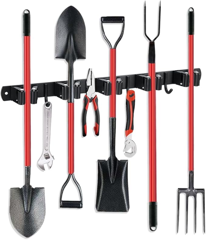 Broom Hanger and Mop Holder, Heavy Duty Garden Tool Organizer Rack Rake and Shovel Handle, Stainless Steel Wall Mounted Utility Rack with Screws (5 Racks with 4 Hooks, Matte Black).-NeatNest