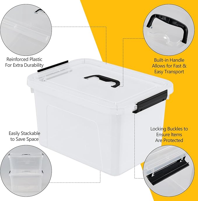 4-Pack 10 L Plastic Latching Box with Handle, Clear Storage Containers Box for Organizing