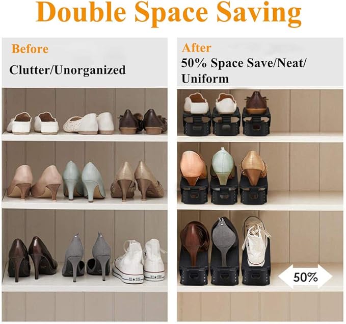 Shoe Slots Organizer, 8 PCS Adjustable Shoe Rack Stacker Storage Space Saver, Double Deck Shoe Rack Holder for Closet Organization, Black-NeatNest
