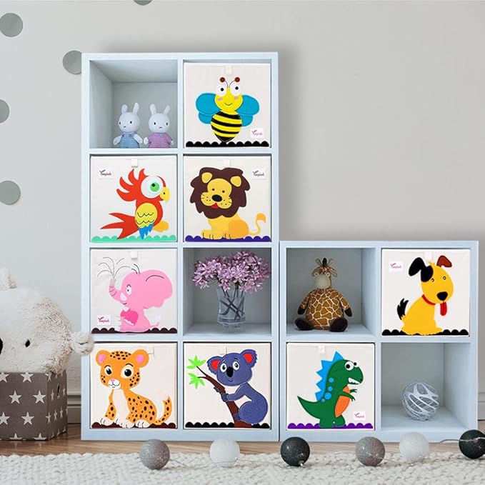2 Pcs Foldable Animal Toy Storage Box/Bin/Cube, Collapsible Storage Organizer Chest Basket Container for Kids, Toddlers, Boys and Girls(13 x 13 x 13 Inch, Lion & Bee)-NeatNest