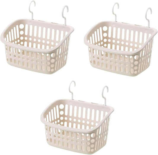 3PCS Plastic Hanging Baskets for Shower, Organizer With Hooks, Rectangle 10.6Inches Small Storage Basket (Beige)-NeatNest