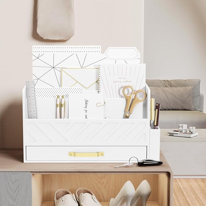 Bamboo Desk Organizer Mail Holder Countertop Wood Desk Drawer Tabletop Storage Box Pen Holder Letter Sorter Makeup Organizer for School Home Office Supplies with Pen Holder White-NeatNest