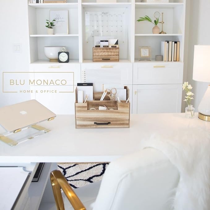 BLU MONACO Natural Wood Mail Organizer with Drawer, 5 Compartments, Desk Organizer for Women Office Desk Organization, 12.9x5.7x9 inches, 4.1 pounds-NeatNest