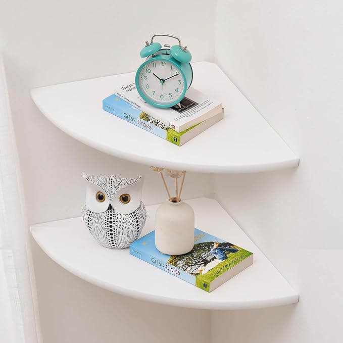 Corner Shelves, Floating Corner Shelf, Set of 2 Solid Oak Wood Wall Shelves, Round End Wall Mount with Wire Hole Shelving for Small Plant for Bedroom Kitchen, Living Room (White, 9.85in 2P)-NeatNest