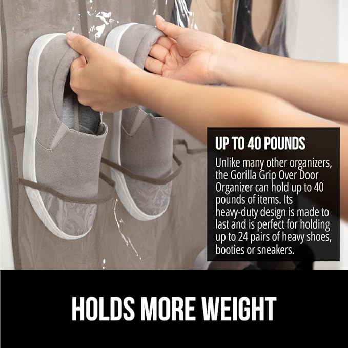 GORILLA GRIP Over the Door Shoe Organizer, 24 Large Breathable PVC Pockets, Space Saving Hanging Storage Holder, Closet Rack Hanger Holds Up to 40 lbs, Hangs on Closets for Shoes 2 Pack, Beige-NeatNest