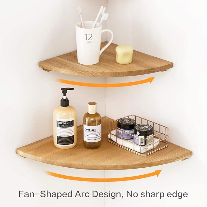 Corner Shelves Wall Mount, 10inch Oak Wood Floating Corner Shelves Set of 2 Round End Small Plant Shelf Wall Mount for Kitchen, Living Room, Bedroom…-NeatNest