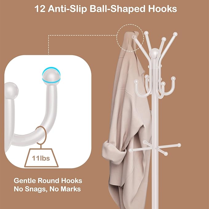 Heavy Duty Freestanding Coat Rack with 12 Hooks & Umbrella Holder - White Metal Clothes Hat Sturdy Standing Hall Tree for Entryway, Living Room, Bedroom, Office Organization (White)-NeatNest