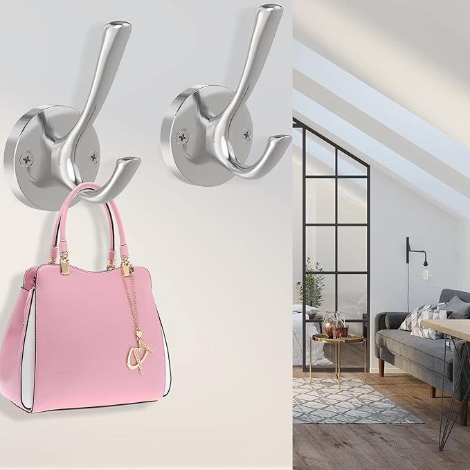 Brushed Nickel Wall Hooks, 6 Pack Coat Robe Hook Heavy Duty Metal Double Bath Hook Wall Mounted, Hand Towel Hooks for Cubicle Bathroom Kitchen Closet Garage-NeatNest