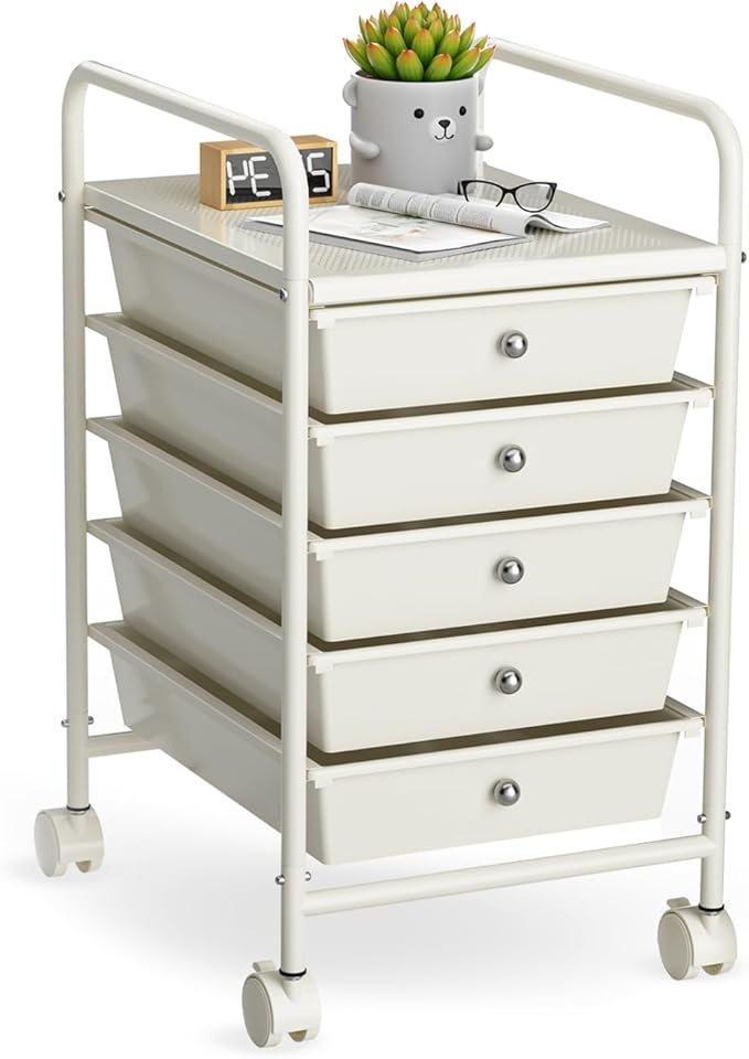 5-Tier Rolling Cart with 5 Drawers, Rolling Utility Cart with 2 Lockable Caster Wheels, Multipurpose Mobile Rolling Storage Drawer Cart for Office Bathroom Kitchen, Ivory White