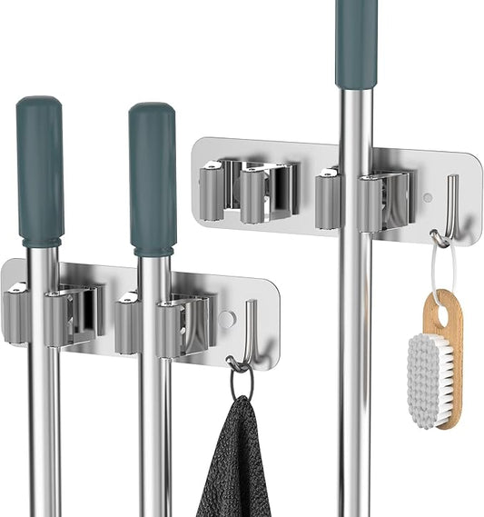 Mop Broom Holder Wall Mounted SUS304 Stainless Steel, Mop Broom Organizer with 2 Installation Methods (No Drilling&Screw Drilling Installation 2 In 1), Mop Hanger Heavy Duty with Hooks, 2PCS-NeatNest