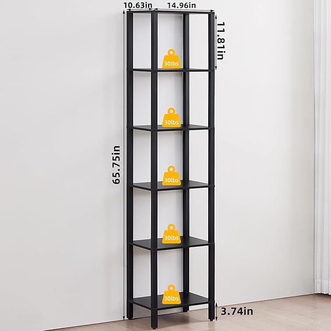 66in Tall Bookshelf 6-Tier Small Narrow Bookcase, Skinny Book Shelf for Small Space, Farmhouse Slim Shelf with Storage, Wood Freestanding Display Thin Bookshelves for Living Room, Office, Black