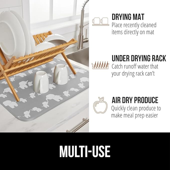 GORILLA GRIP Ultra Water Absorbent Microfiber Dish Drying Mat, 18x24, Quick Dry Mesh, Slip Resistant Pad for Sink Dishes or Under Rack, Kitchen Counter Accessories, Machine Wash, 2 Pack Elephants