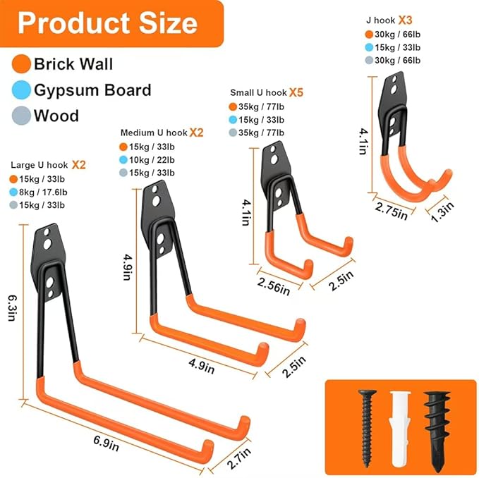 Garage Hooks Pack of 12, Garage Storage System Hooks for Hanging Ladders, Bicycles, Power Tools and More Tools-NeatNest